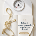 Femme regardant un tableau d'IMC et prenant des notes sur sa santé