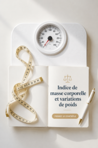 Femme regardant un tableau d'IMC et prenant des notes sur sa santé