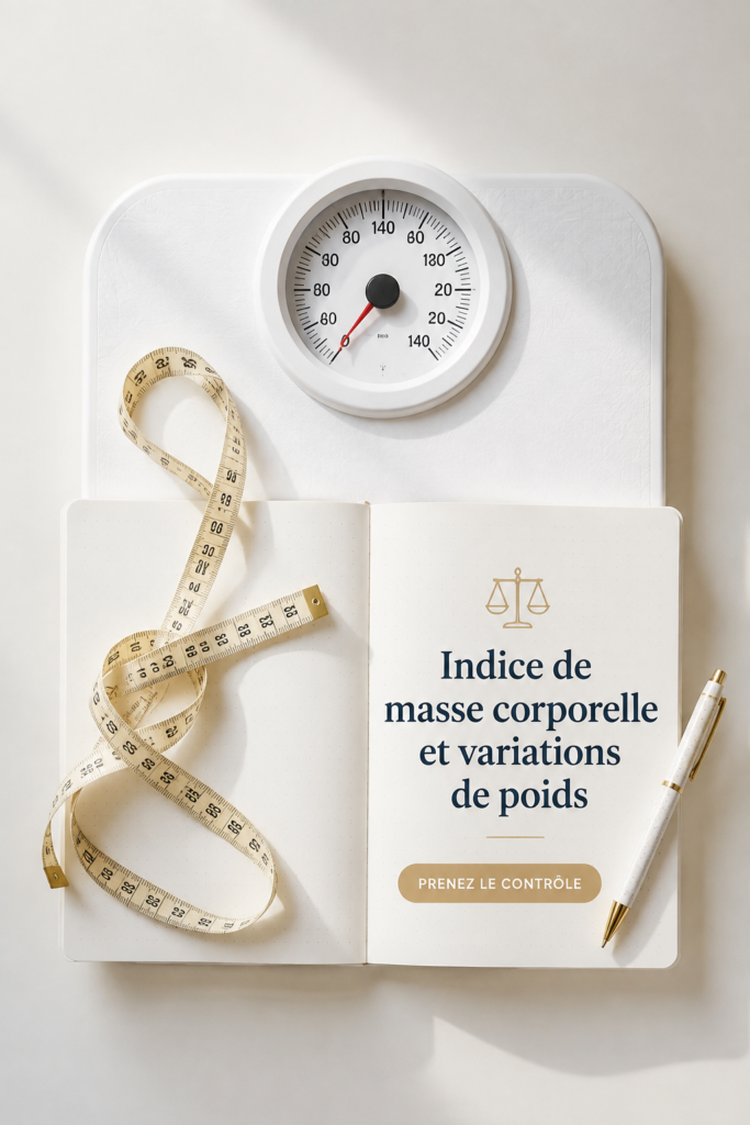 Femme regardant un tableau d'IMC et prenant des notes sur sa santé