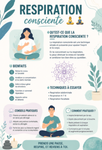 Femme pratiquant la respiration consciente dans un espace serein, symbolisant le bien-être