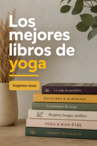 Personne lisant un livre de yoga dans un espace calme avec des plantes.