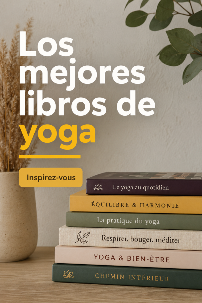 Personne lisant un livre de yoga dans un espace calme avec des plantes.