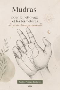 Femme pratiquant des mudras de nettoyage et de protection personnelle en pleine nature.