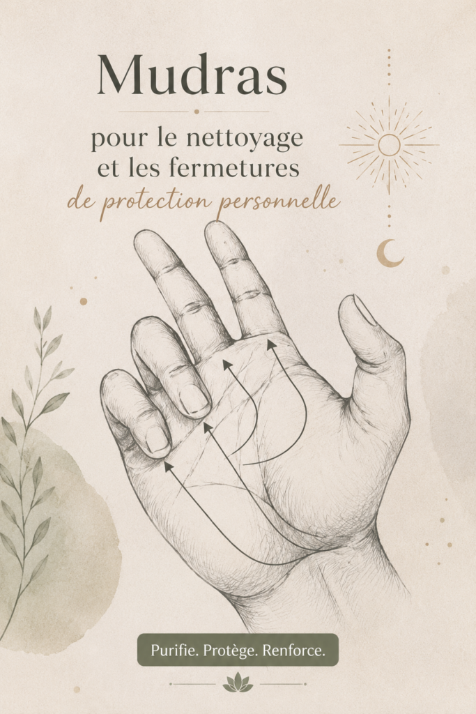 Femme pratiquant des mudras de nettoyage et de protection personnelle en pleine nature.
