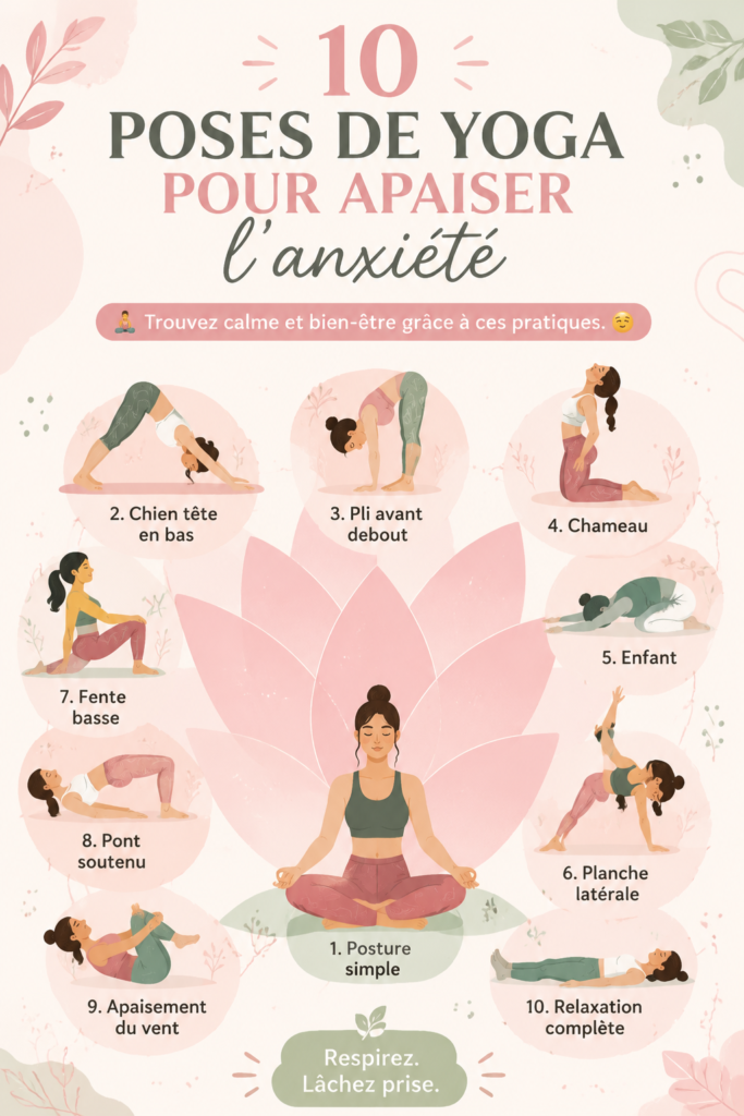 Femme pratiquant le yoga dans un cadre apaisant pour lutter contre l'anxiété.
