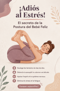 Femme pratiquant la posture du bébé heureux, détendue dans un environnement serein.