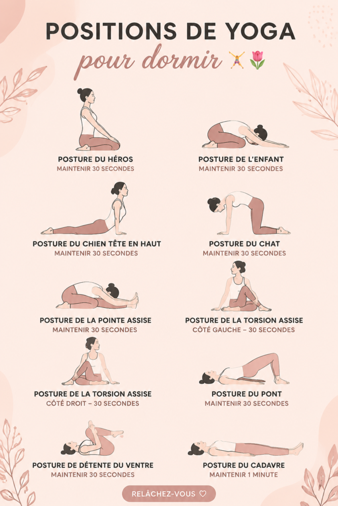 Femme pratiquant le yoga dans une chambre calme, préparant un sommeil reposant