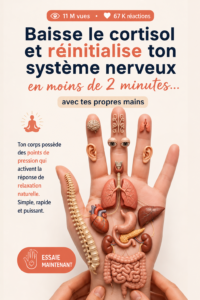 Femme pratiquant une technique de relaxation rapide pour réduire le stress avec des gestes simples.