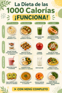 Une assiette colorée représentant des repas sains à 1000 calories, mettant l'accent sur une alimentation équilibrée.