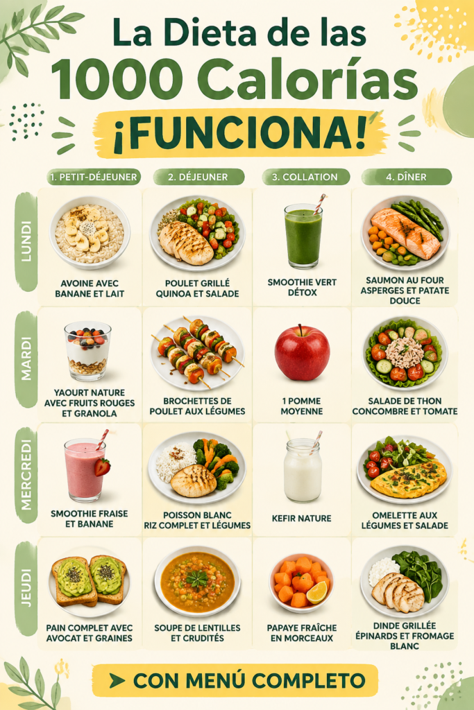 Une assiette colorée représentant des repas sains à 1000 calories, mettant l'accent sur une alimentation équilibrée.