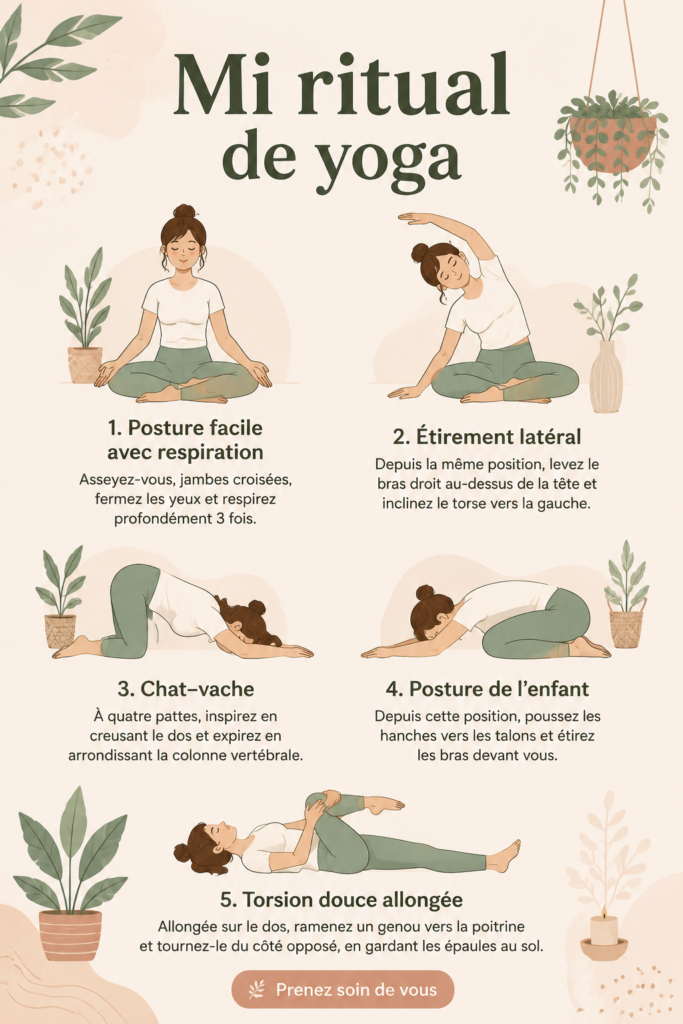 Femme pratiquant une posture de yoga dans un cadre calme au petit matin