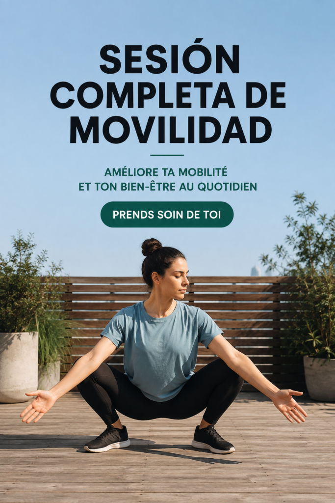 Femme pratiquant des exercices de mobilité dans un cadre lumineux et calme.