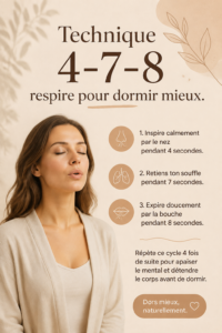 Femme pratiquant la respiration 4-7-8 pour améliorer son sommeil.