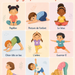 Un enfant pratiquant une posture de yoga tout en souriant, entouré de jouets colorés.