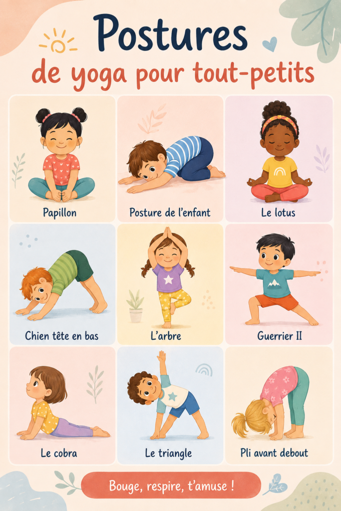 Un enfant pratiquant une posture de yoga tout en souriant, entouré de jouets colorés.