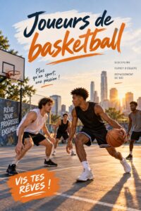 Femme jouant au basketball sur un terrain extérieur, souriante et dynamique.