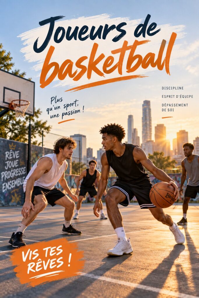 Femme jouant au basketball sur un terrain extérieur, souriante et dynamique.