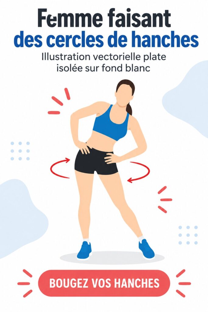 Femme pratiquant des cercles de hanches sur un fond lumineux, symbolisant le fitness et le bien-être.