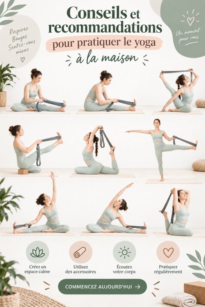 Femme pratiquant le yoga à domicile dans un espace serein et lumineux.