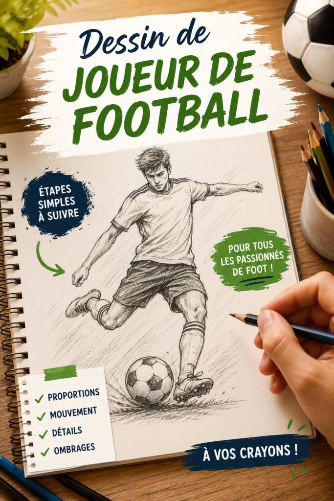 Image d'un dessin représentant un joueur de football en action, illustrant la créativité artistique liée au sport.