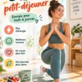Femme en pleine séance de yoga après le petit déjeuner, souriante et détendue