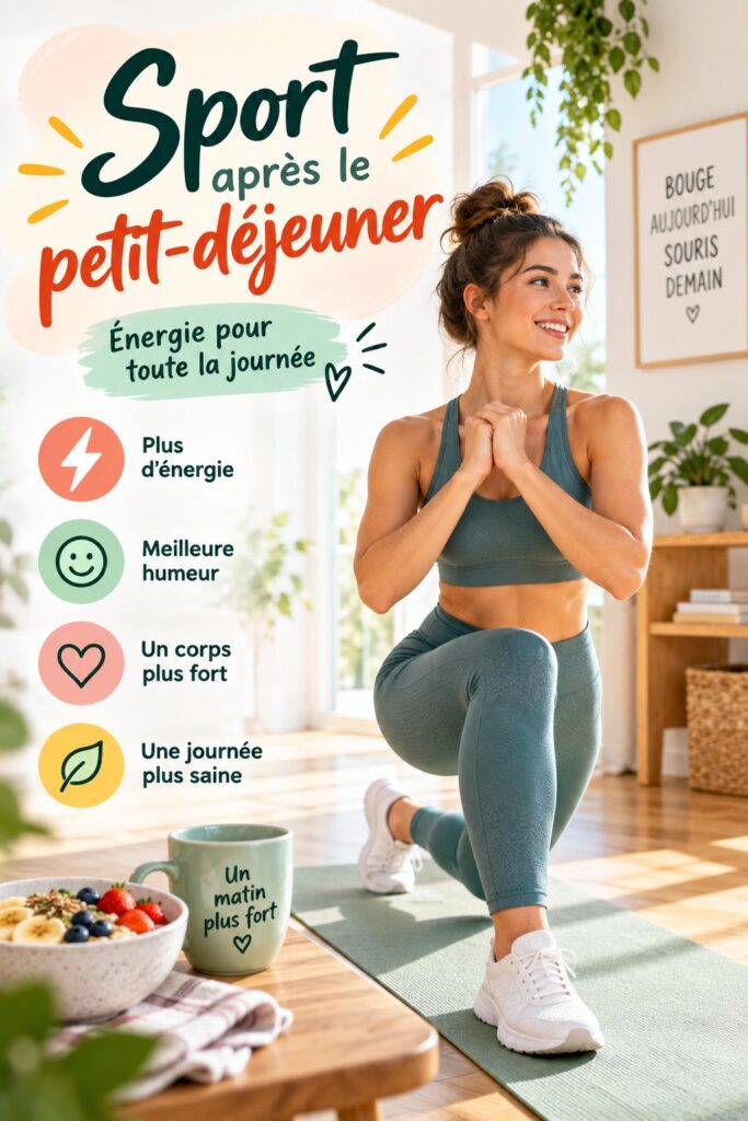 Femme en pleine séance de yoga après le petit déjeuner, souriante et détendue