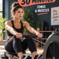 Femme pratiquant l'aviron en salle de gym, et se concentrant sur son entraînement.