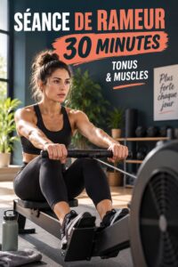 Femme pratiquant l'aviron en salle de gym, et se concentrant sur son entraînement.