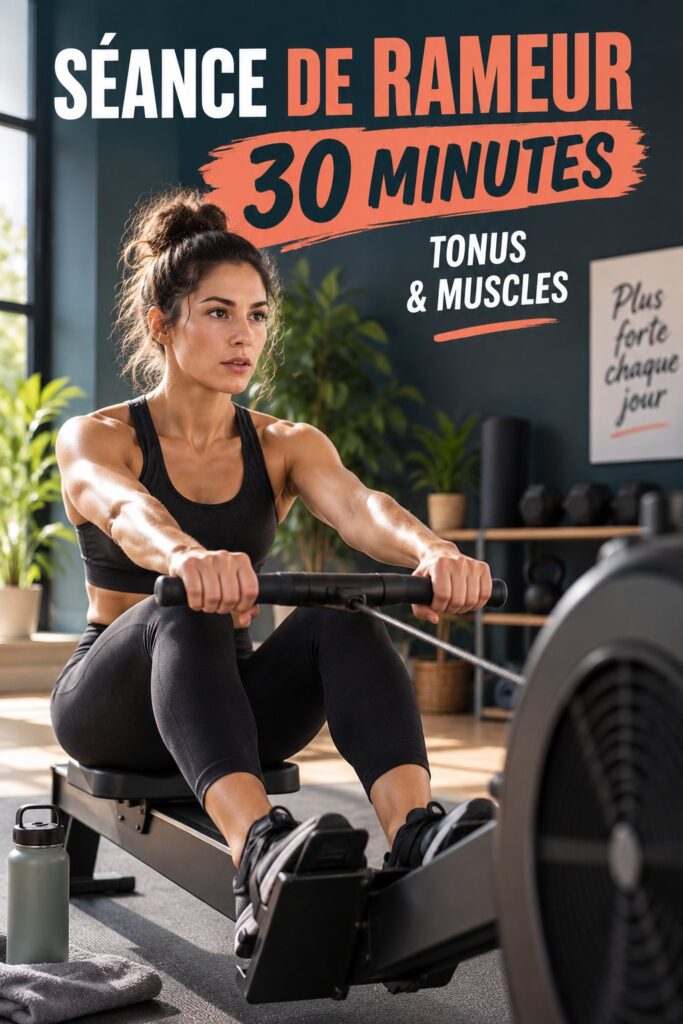 Femme pratiquant l'aviron en salle de gym, et se concentrant sur son entraînement.