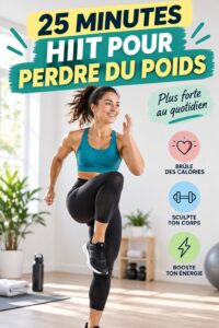 Femme effectuant un entraînement HIIT de 25 minutes dans un espace extérieur.