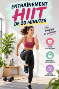 Une femme faisant des exercices de HIIT à la maison, motivée et énergique.