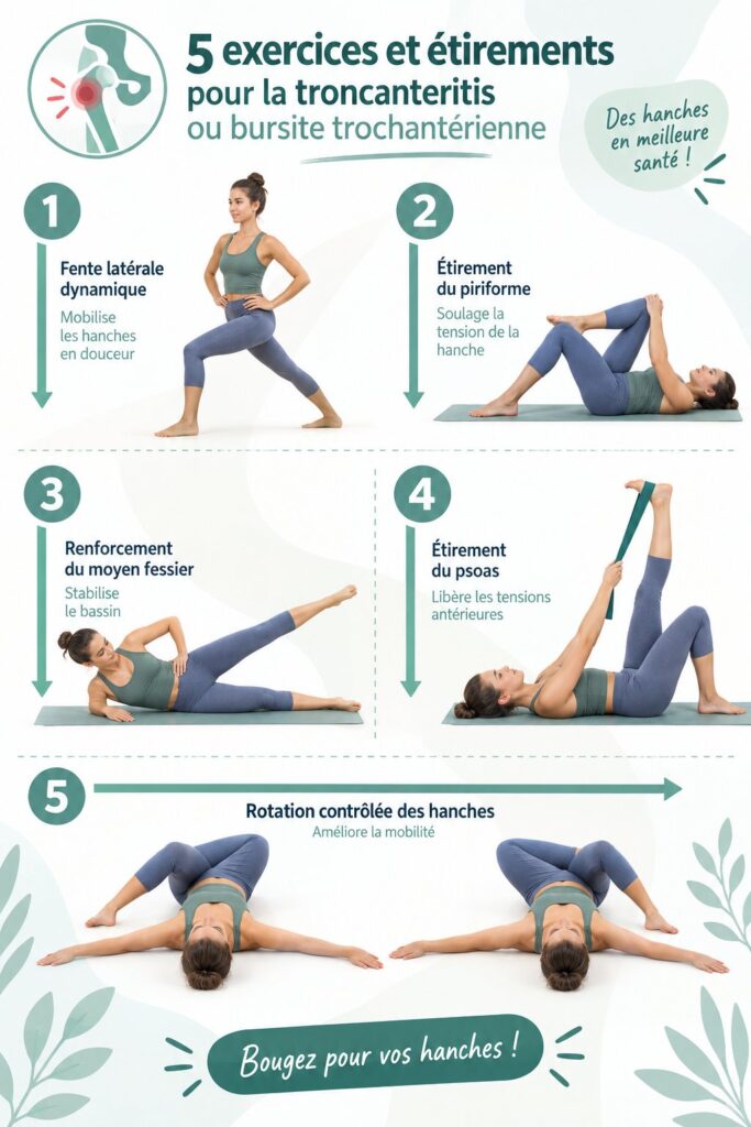 Femme pratiquant des exercices d'étirement pour soulager la bursite trochantérienne au sol.