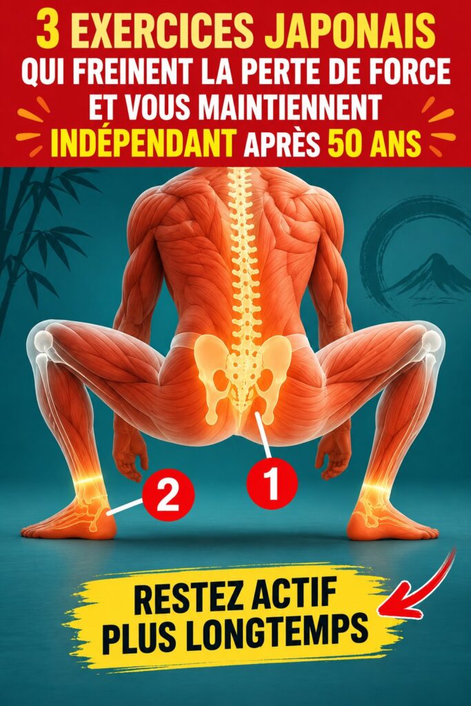 Femme de plus de 50 ans faisant des exercices japonais de renforcement physique, souriante et active.