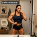 Femme musclée souriante, mettant en avant ses dents éclatantes tout en faisant exercice.