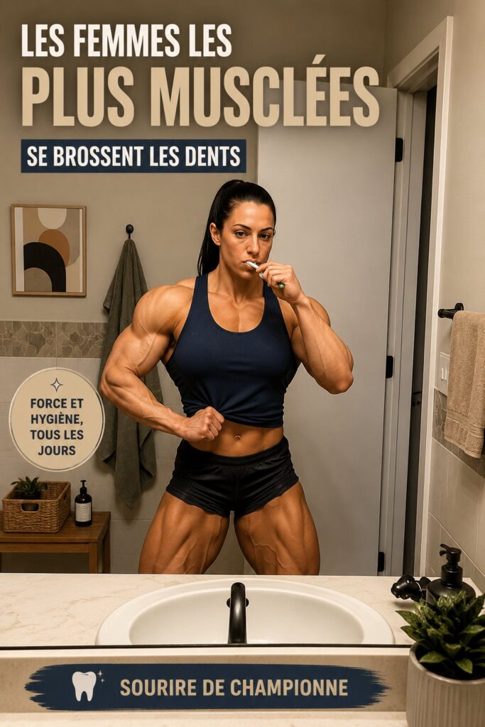 Femme musclée souriante, mettant en avant ses dents éclatantes tout en faisant exercice.