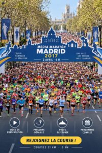 Coureurs au marathon de Madrid, participants enthousiastes sur le parcours.