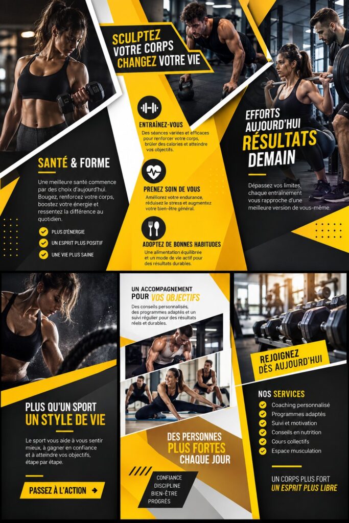 Modèle de flyer fitness attrayant avec design contemporain, adapté aux salles de sport et événements.