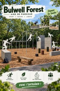 Parc Bulwell Forest avec des personnes pratiquant le parkour dans un environnement naturel