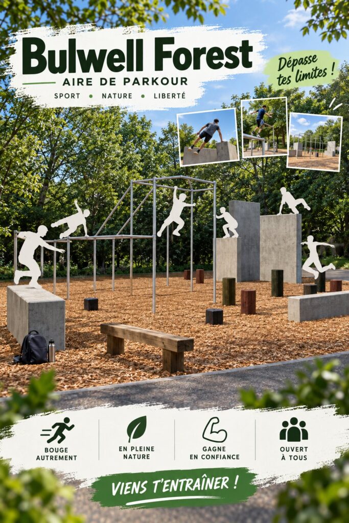 Parc Bulwell Forest avec des personnes pratiquant le parkour dans un environnement naturel