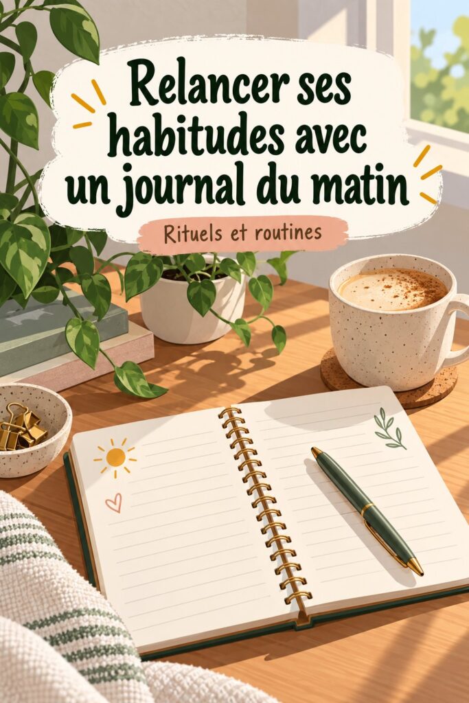 Image représentant une femme écrivant dans un journal le matin, avec une tasse de thé à côté.