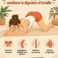 Femme pratiquant la pose de la Rana en yoga, favorisant la digestion et la silhouette.