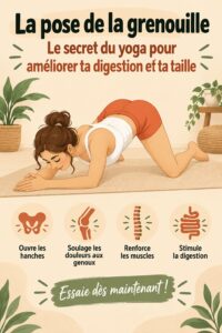 Femme pratiquant la pose de la Rana en yoga, favorisant la digestion et la silhouette.
