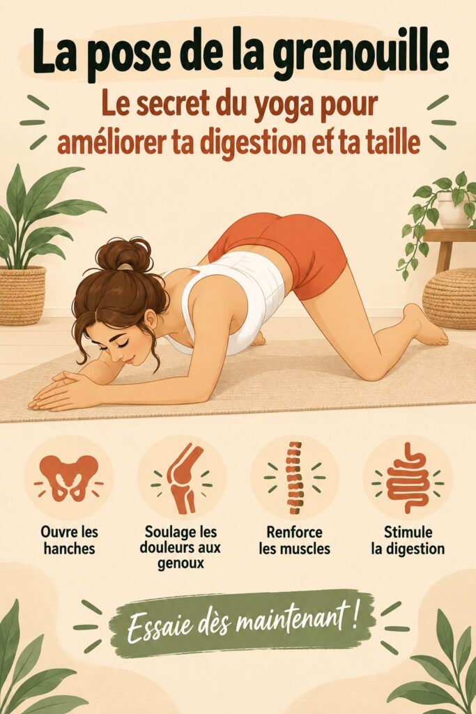 Femme pratiquant la pose de la Rana en yoga, favorisant la digestion et la silhouette.