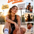 Une femme posant en pleine action de basket pour une session photo dynamique.