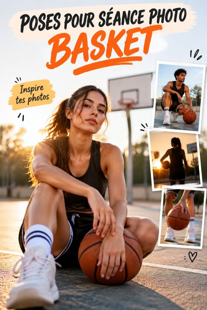 Une femme posant en pleine action de basket pour une session photo dynamique.