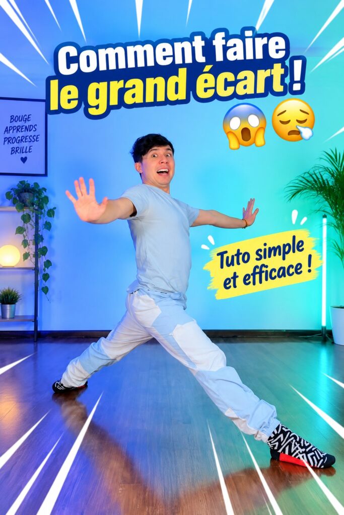 Femme en train de réaliser un grand écart sur un tapis de yoga, illustrant la souplesse