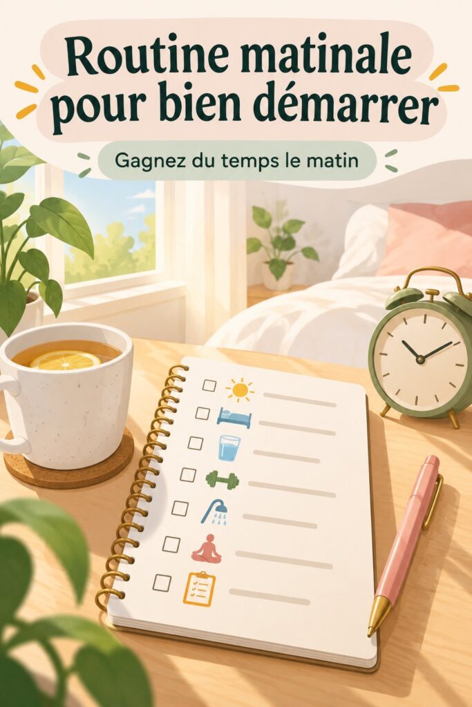 Une femme pratiquant le yoga au lever du soleil, symbolisant une routine matinale apaisante. Mot-clé : routine matinale.