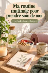 Femme méditant paisiblement au lever du soleil, symbolisant une routine matinale bien-être et amour de soi.