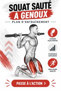 Femme effectuant un squat sauté à genoux dans une salle de sport, concentrée sur sa posture