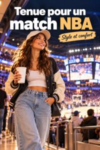 Femme bien habillée pour un match de basketball avec un sweat à capuche et un jeans